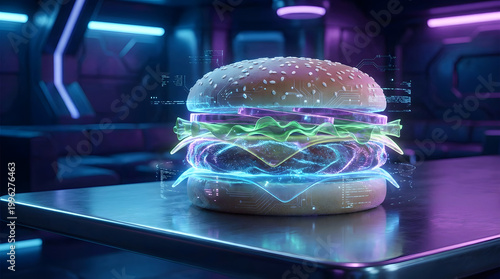 A dazzling holographic burger glowing with vibrant neon light in a sleek, cybernetic setting, representing the cutting-edge future of culinary innovation and digital dining experiences