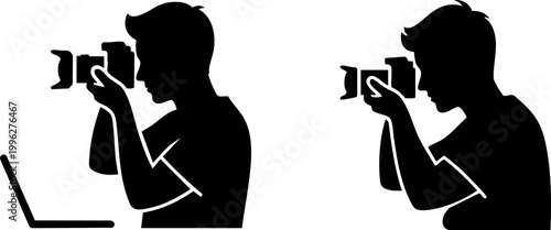 Photographer silhouette vector set, professional man holding digital camera and working on laptop, photography hobby and media production icons