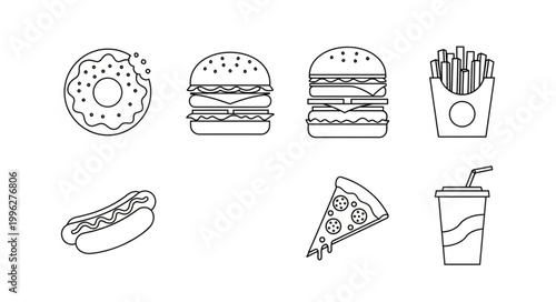 Collection of outline icons representing popular fast food items.