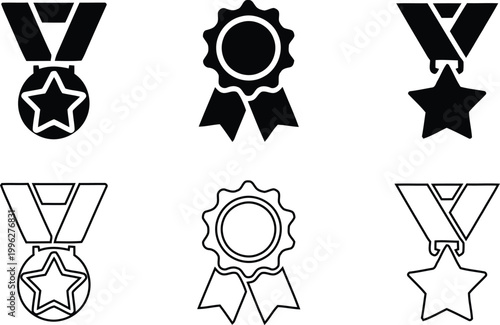 Black silhouette medal icons set awards achievements and recognition symbols