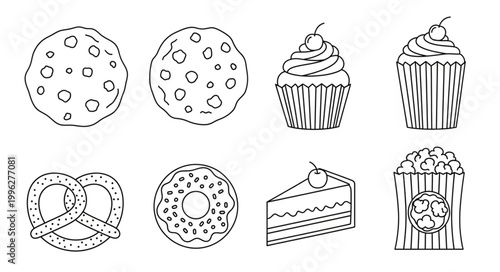 Collection of Hand Drawn Baked Goods and Snacks.