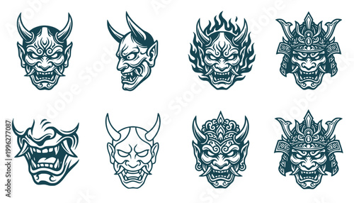 Powerful Oni Mask Design Set Strength Protection Bold Modern Frontal Horns Side Profile Roaring Mouth Flaming Oni Minimal Outline Ornate Crown Vector Illustration