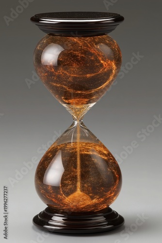 Elegant Sand Timer with Swirling Golden Particles on Dark Wood Base