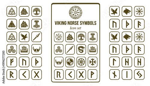 Viking Runes Norse Symbols Mega Icon Set Vegvisir Valknut Yggdrasil Thor's Hammer Mjolnir Triquetra Triskele Fenrir Ravens Scandinavian Pagan Tattoo Vector Illustration