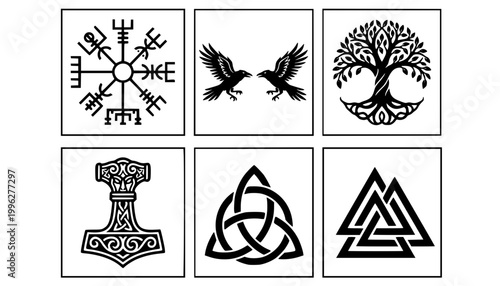 Viking Runes Norse Symbols Mega Icon Set Vegvisir Valknut Yggdrasil Thor's Hammer Mjolnir Triquetra Triskele Fenrir Ravens Scandinavian Pagan Tattoo Vector Illustration