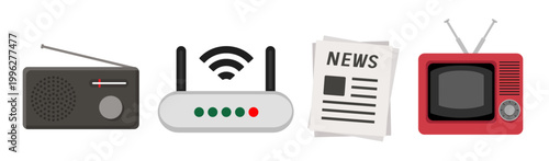 Television, radio, internet, and press. Mass media icons. Vector flat icons