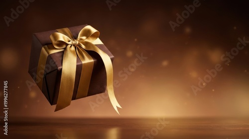 Elegant brown gift box with gold ribbon and bow floating against a dark bokeh background.