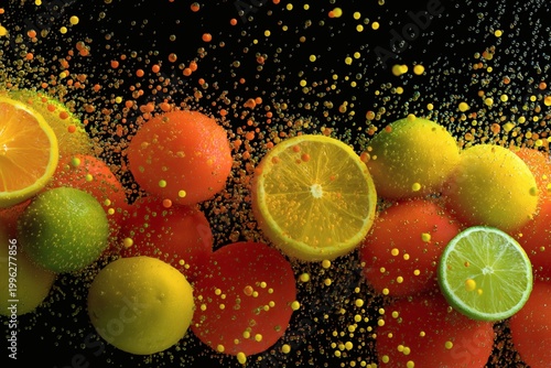 Fresh Wet Citrus Fruits with Vibrant Bubbles on a Dark Background