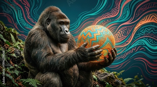 A gorilla holding a colorful patterned ball in a lush green jungle setting with abstract background.