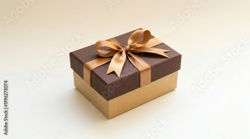 Square brown and gold gift box with a beautiful satin ribbon and bow on a light surface.