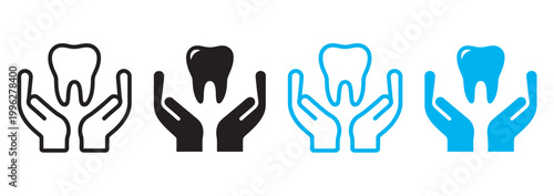 Dental care concept, hands protecting teeth variations color schemes oral hygiene dental protection healthcare dentistry vector set collection