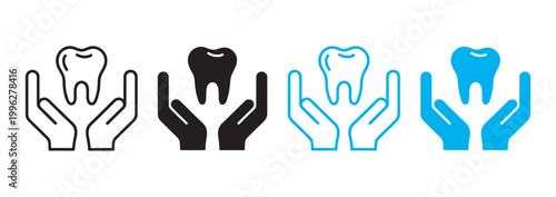 Dental care concept, hands protecting teeth four variations color schemes oral hygiene protection dentistry health vector illustration set