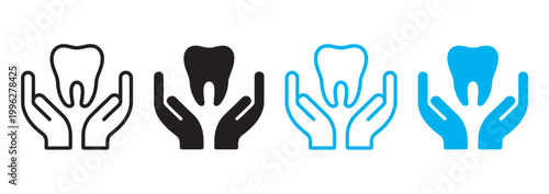 Dental care concept, hands protecting teeth four variations color schemes oral hygiene protection dentistry health vector illustration set