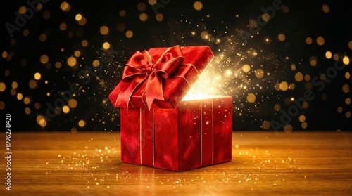 Open gift box revealing magical light and glitter, surprise present on wooden surface.