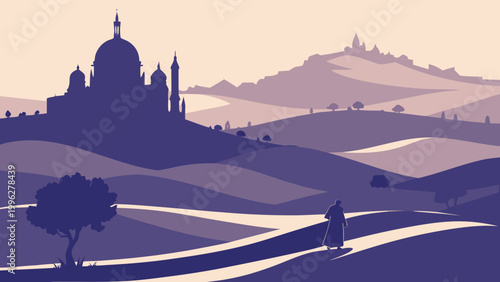 Purple landscape, rolling hills, mosque silhouette, countryside scenery, vector illustration