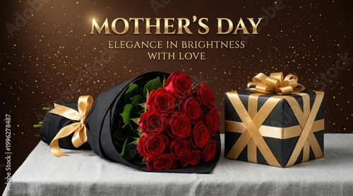 Mother's day gift concept elegance in brightness with love, roses and gift box.