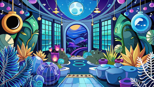 Fantasy interior, futuristic greenhouse, colorful illustration, surreal scenery, blue hues