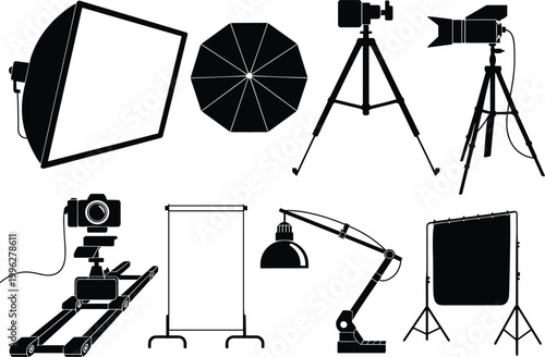 Photography studio equipment silhouettes featuring cameras lighting tripods backdrops and professional gear