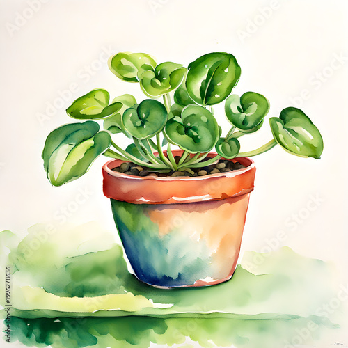 Peperomia in Tiny Pot Watercolor Illustration Isolated on White