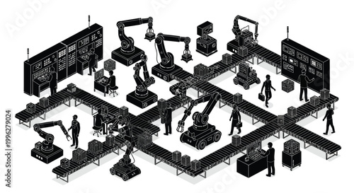 Isometric factory scene with robotic arms workers and conveyor belts silhouette