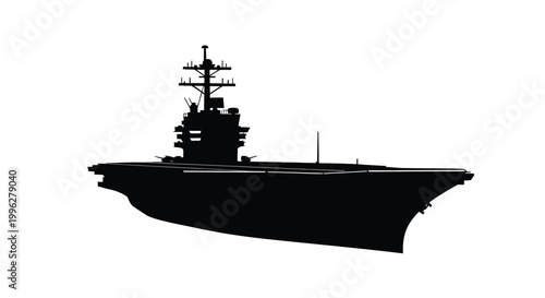 Detailed depiction of a large aircraft carrier at sea black silhouette
