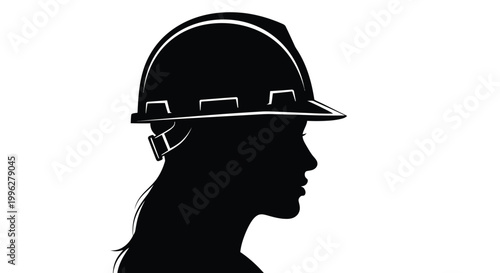 A woman wearing a hard hat depicted in stark black and white silhouette