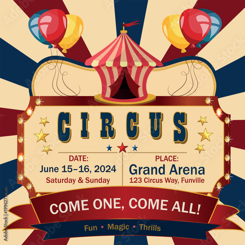 Vintage circus poster with tent and balloons, retro carnival event invitation vector