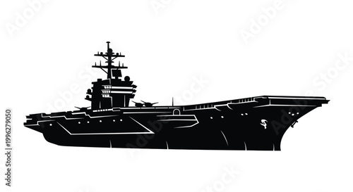 Detailed depiction of a naval aircraft carrier in stark black silhouette