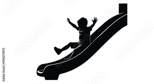 Child joyfully sliding down a playground slide in stark black silhouette