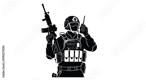 Armed soldier in tactical gear communicating with a radio stark silhouette