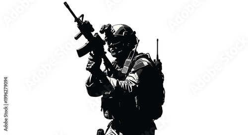 Armed soldier in tactical gear aiming rifle dramatic black silhouette