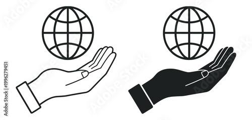 Global connection unity concept, human hands earth globe symbols international cooperation networking world community vector illustration set