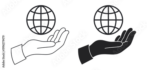 Global connection unity concept, human hands earth globe symbols international cooperation networking global communication world community set collection