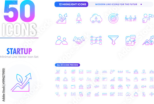 Business & Startup Icon Set – 50 Modern Line Vector Icons for Corporate, Marketing & Finance