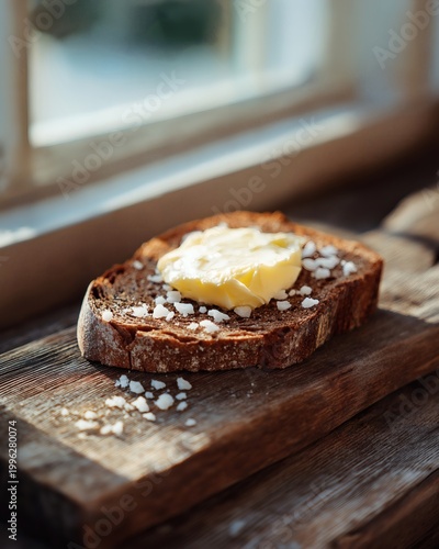 Rustic Slice of Bread with Butter and Salt on Wooden Board by Window Light