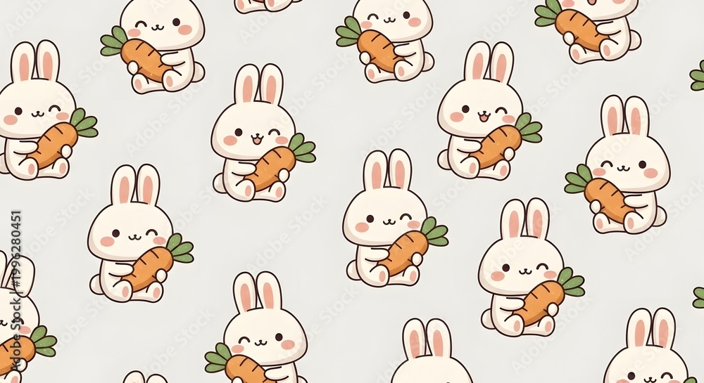 Fototapeta premium Cute bunny rabbit holding a carrot seamless pattern. Easter animal character and healthy food concept. White rabbits sitting and hugging orange carrots on a clean neutral background