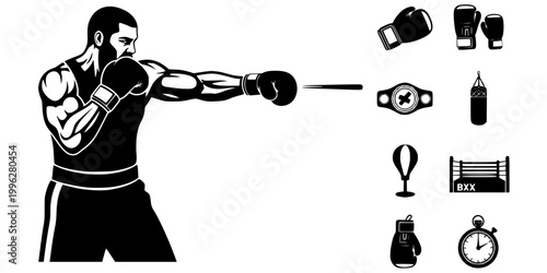 Heavyweight Boxer Throwing Straight Jab Silhouette Vector