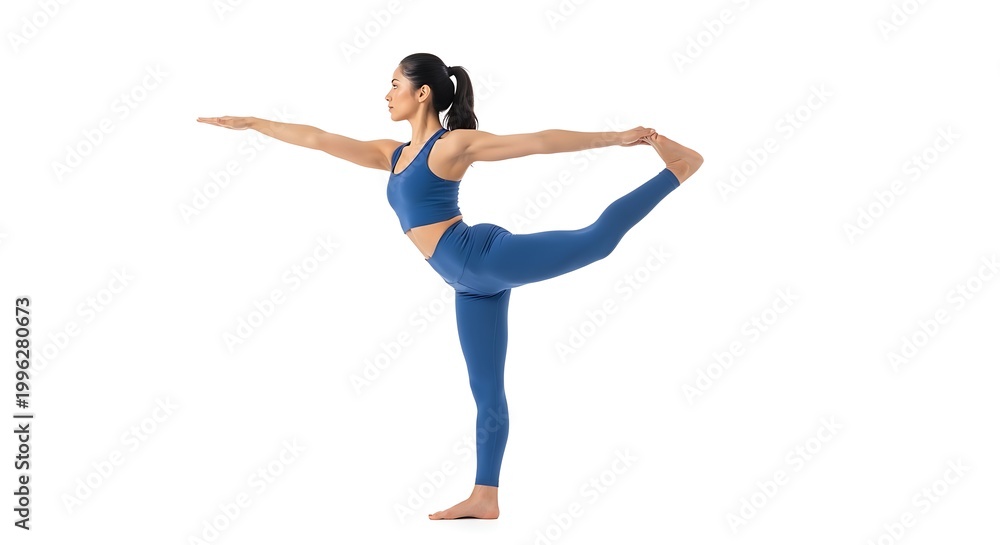 Fototapeta premium A woman in blue athletic wear practicing yoga with one leg raised
