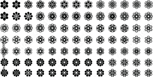 Black floral ornament set with decorative flower shapes, mandala style elements collection, abstract botanical icons isolated on white background vector illustration
