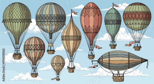 Vintage hot air balloons collection with steampunk style airships flying in sky, retro aviation illustration with clouds isolated on light background vector