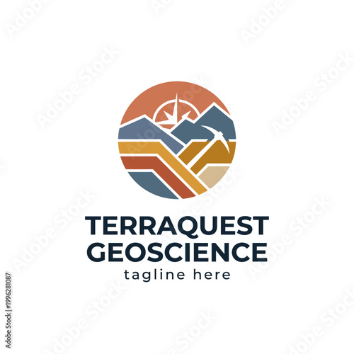 An eye-catching logo design for Terraquest Geoscience featuring stylized mountains, exploration tools, and modern branding elements, suitable for geology and environmental services.