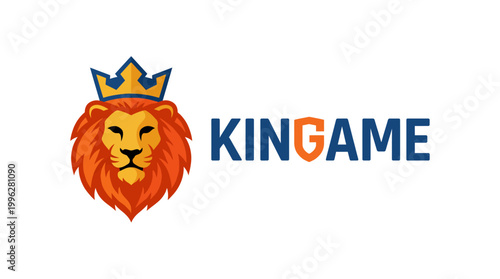 A bold logo design featuring a majestic lion with a crown, symbolizing strength and dominance in the gaming industry, perfect for game development and branding strategies.