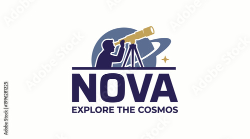 The NOVA logo showcases a silhouette using a telescope, representing the exploration of the cosmos, emphasizing curiosity and the endless pursuit of knowledge in astronomy.