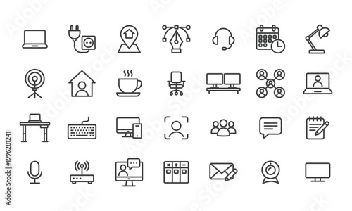 Modern Outline Line Style Remote Work Home Office Business Technology Productivity Icon Set Collection