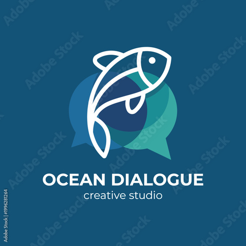 This creative logo features a stylized fish within speech bubbles, representing communication and ideas flow in a playful and artistic manner for a dialogue company.