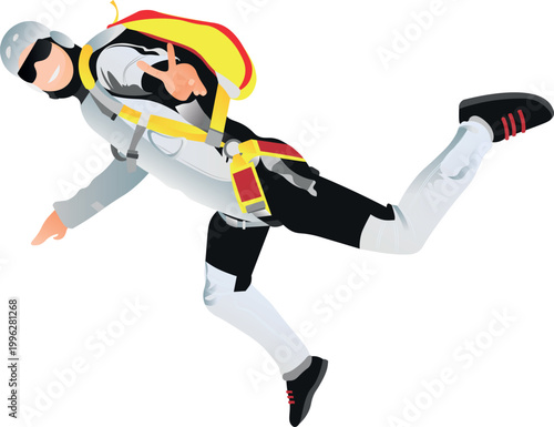 A smiling skydiver flies with a closed parachute