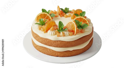 Vector illustration of layered sponge cake decorated with fresh orange slices and mint leaves on a transparent background