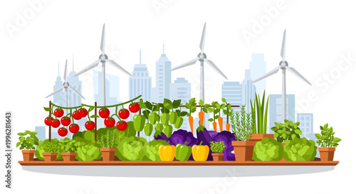 Urban garden with wind turbines and cityscape background