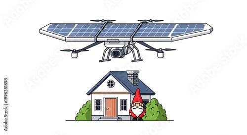 Solar powered drone flying over house with garden gnome