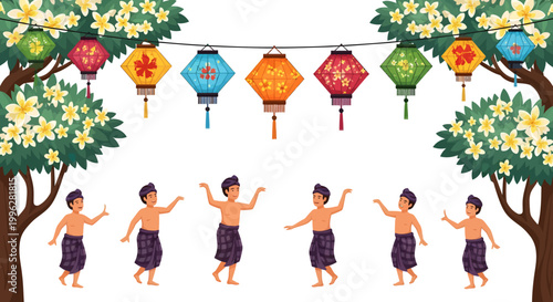 Traditional dancers performing under colorful lanterns and blooming trees